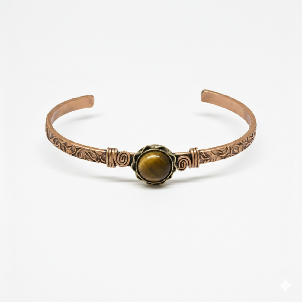 Kadın Bakır Bileklik - Kaplan Gözü Doğaltaşlı - Otantik Tasarım - Ayarlanabilir Yapı - 5