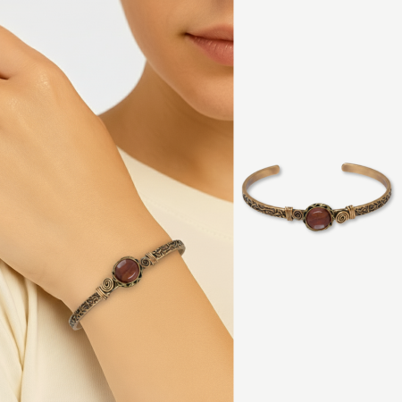 Kadın Bakır Bileklik - Pembe Kuvars Doğaltaşlı - Otantik Tasarım - Ayarlanabilir Yapı - Tesbihane