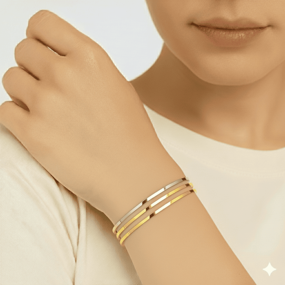 Kadın Çelik Ajda Bileklik - 3 lü Model - Altın Gümüş Renk - 2