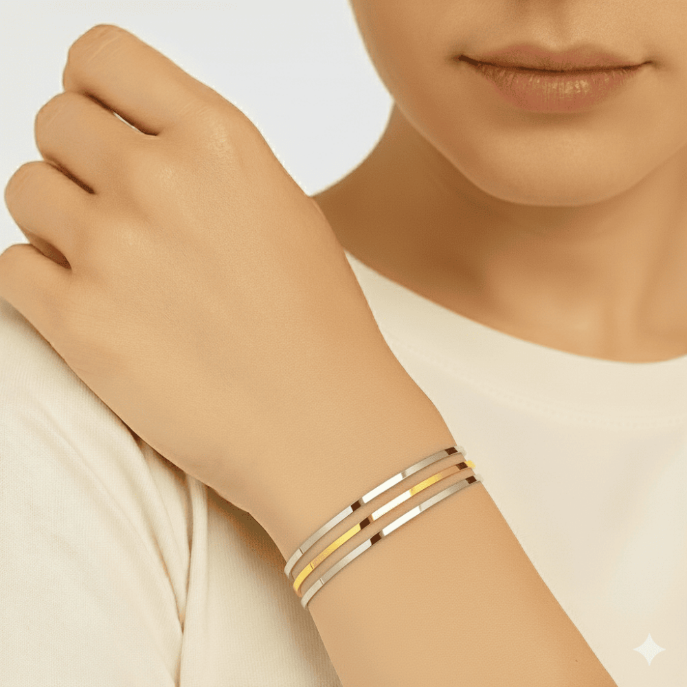 Kadın Çelik Ajda Bileklik - 3 lü Model - Gümüş Altın Renk - 2