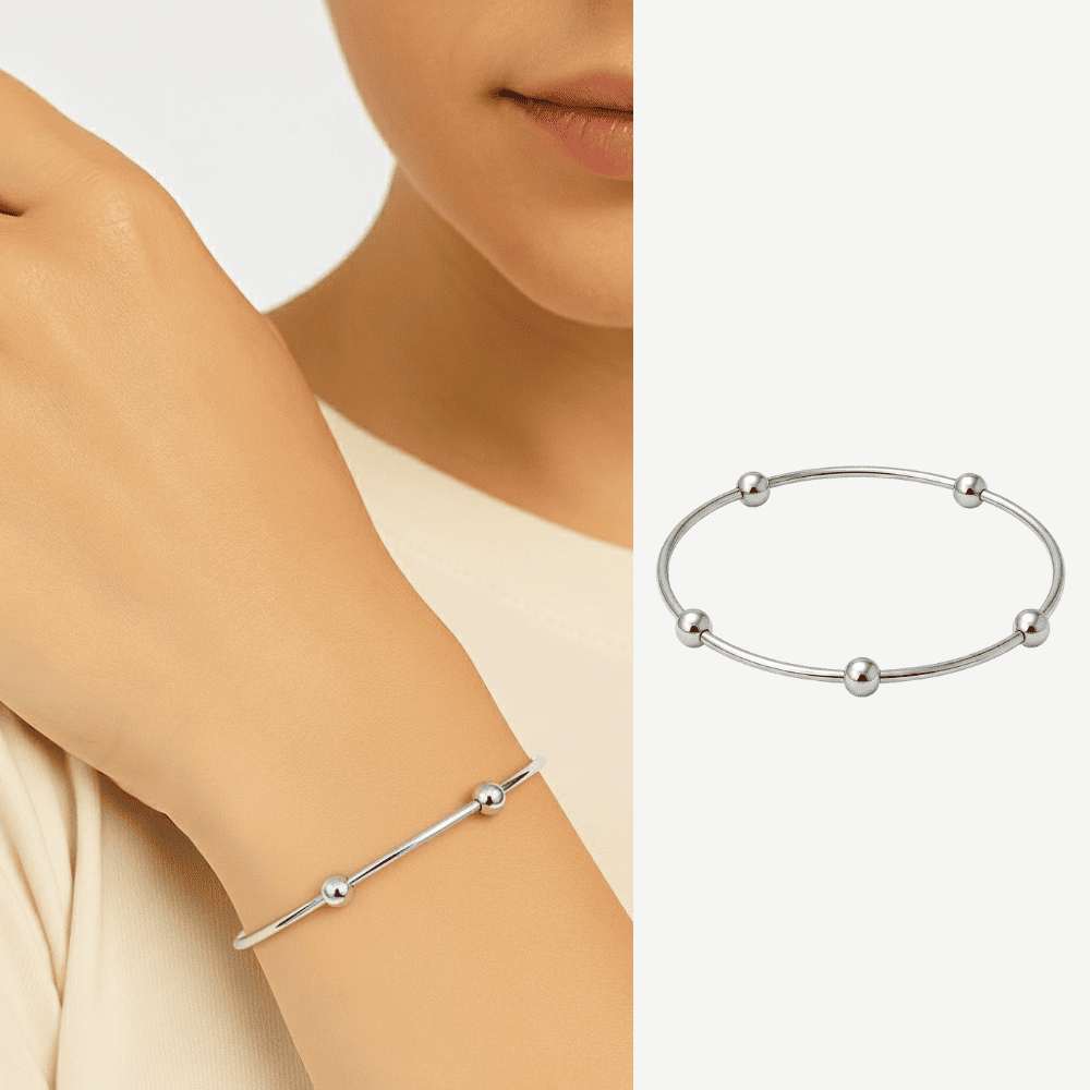 Kadın Çelik Bileklik - Beş Top Süslemeli Tasarım - Gümüş Renk - 1