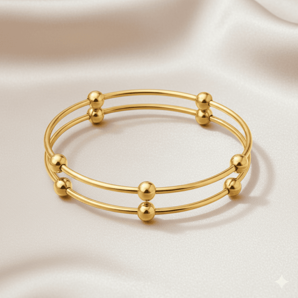 Kadın Çelik Bileklik - Beş Top Süslemeli Tasarım - İkili Model - Altın Renk - 3