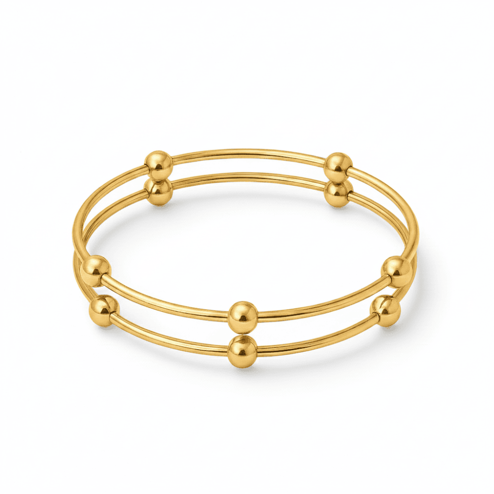Kadın Çelik Bileklik - Beş Top Süslemeli Tasarım - İkili Model - Altın Renk - 4