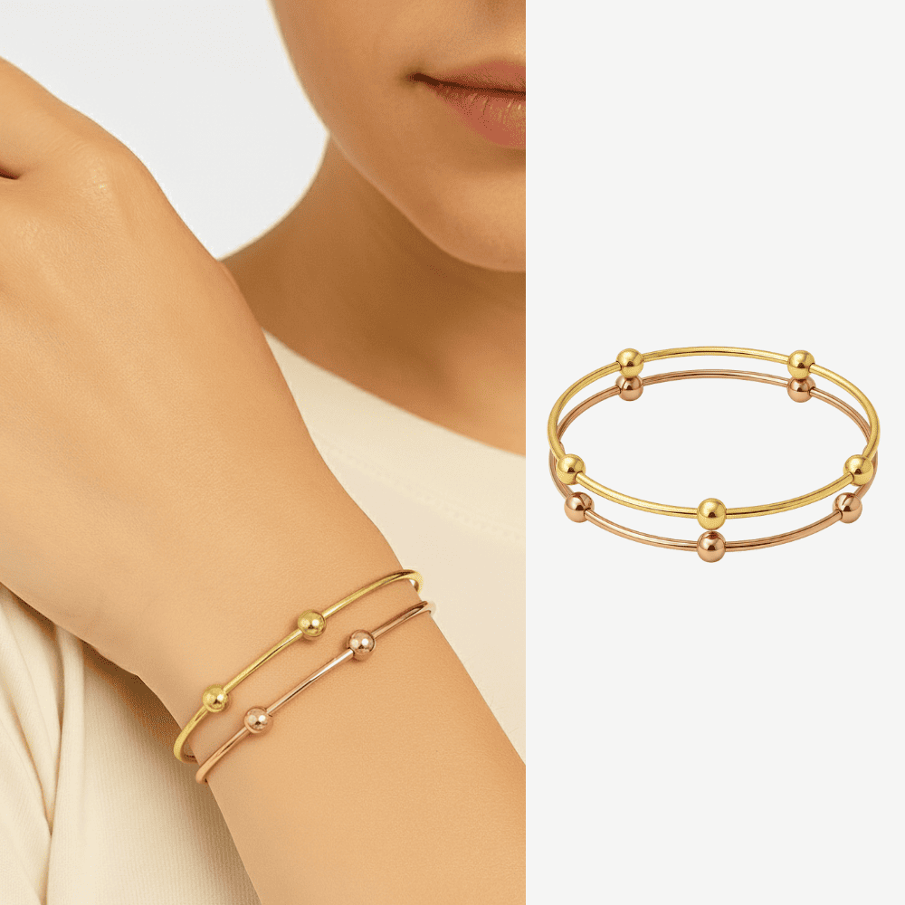 Kadın Çelik Bileklik - Beş Top Süslemeli Tasarım - İkili Model - Altın Rose Renk - 1