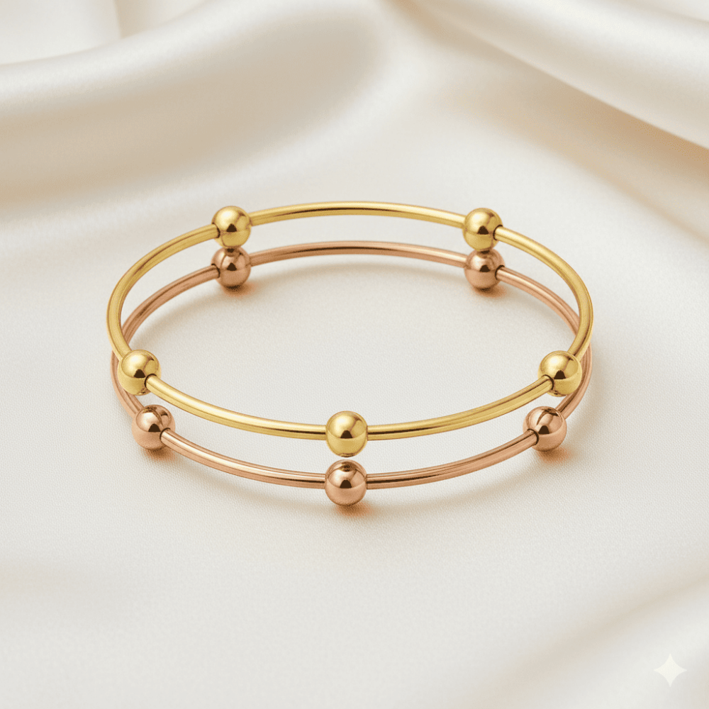 Kadın Çelik Bileklik - Beş Top Süslemeli Tasarım - İkili Model - Altın Rose Renk - 3