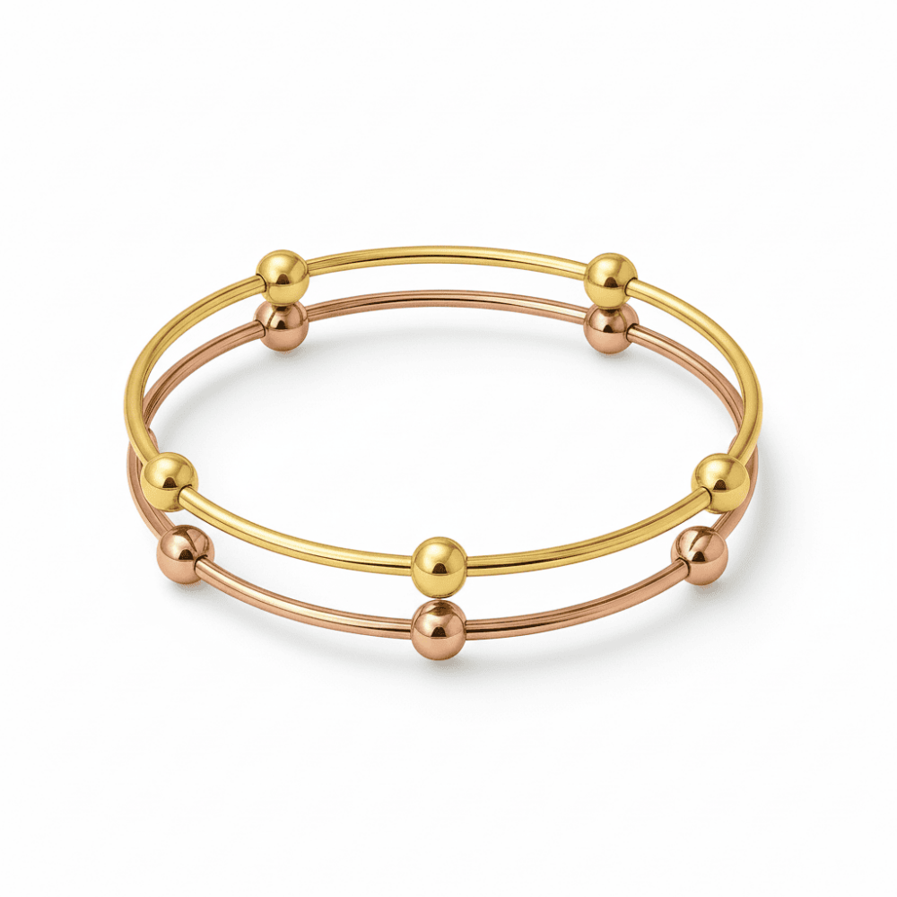 Kadın Çelik Bileklik - Beş Top Süslemeli Tasarım - İkili Model - Altın Rose Renk - 4