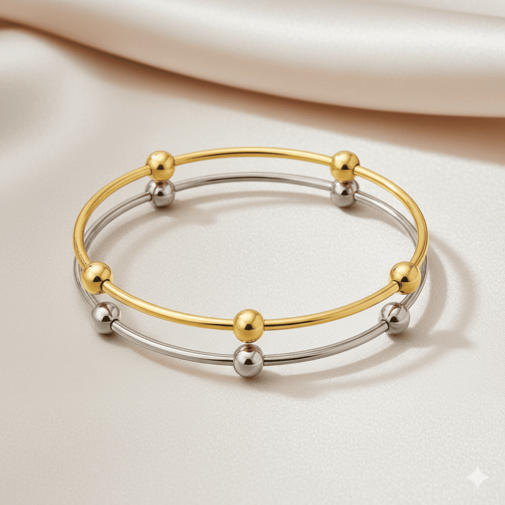 Kadın Çelik Bileklik - Beş Top Süslemeli Tasarım - İkili Model - Gümüş Altın Renk - 3