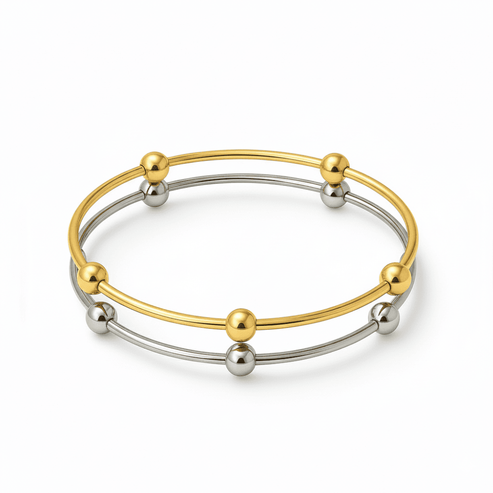 Kadın Çelik Bileklik - Beş Top Süslemeli Tasarım - İkili Model - Gümüş Altın Renk - 4
