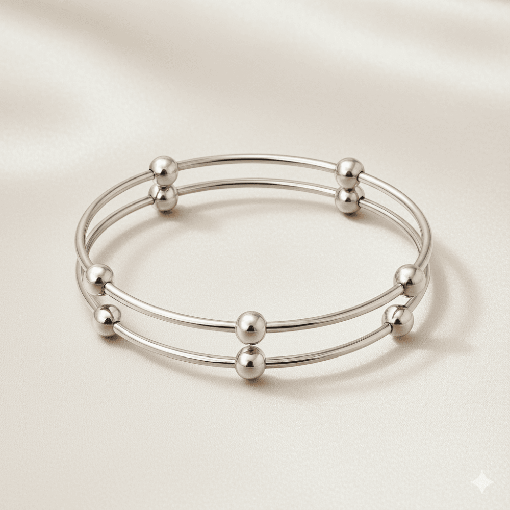 Kadın Çelik Bileklik - Beş Top Süslemeli Tasarım - İkili Model - Gümüş Renk - 3