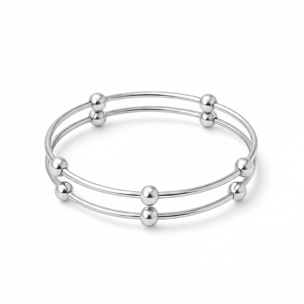 Kadın Çelik Bileklik - Beş Top Süslemeli Tasarım - İkili Model - Gümüş Renk - 4
