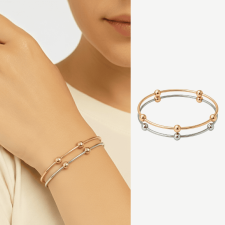 Kadın Çelik Bileklik - Beş Top Süslemeli Tasarım - İkili Model - Gümüş Rose Renk - Tesbihane