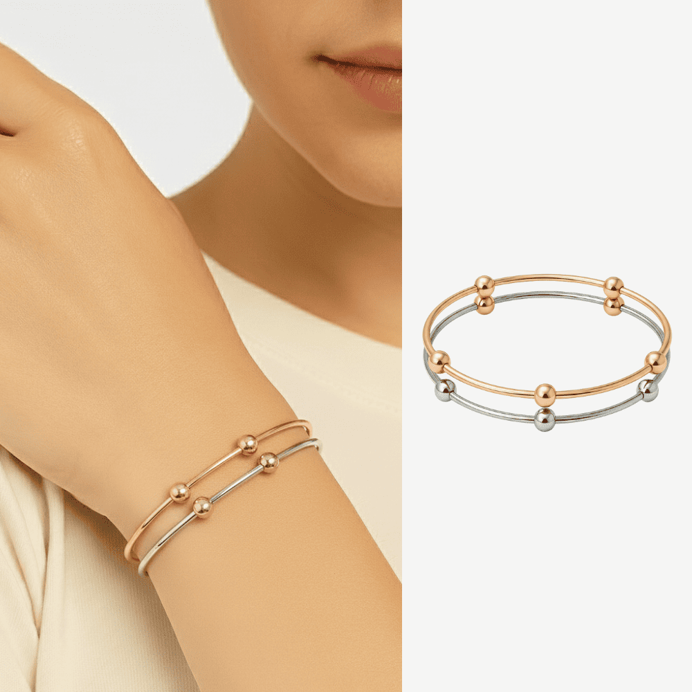 Kadın Çelik Bileklik - Beş Top Süslemeli Tasarım - İkili Model - Gümüş Rose Renk - 1