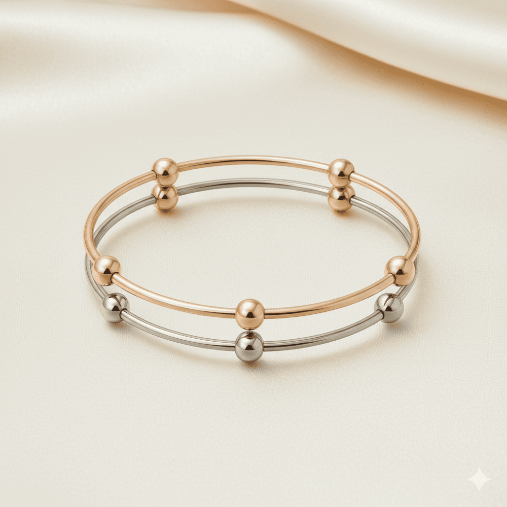 Kadın Çelik Bileklik - Beş Top Süslemeli Tasarım - İkili Model - Gümüş Rose Renk - 3