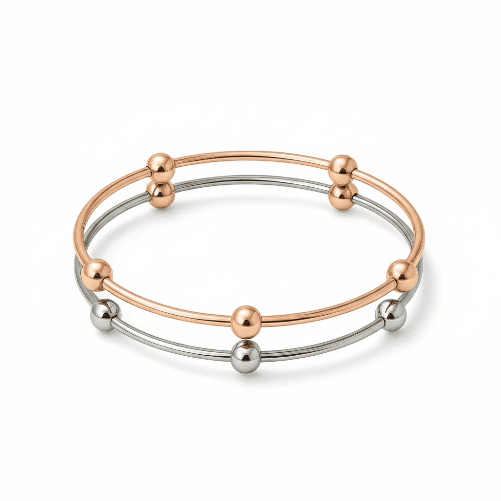 Kadın Çelik Bileklik - Beş Top Süslemeli Tasarım - İkili Model - Gümüş Rose Renk - 4