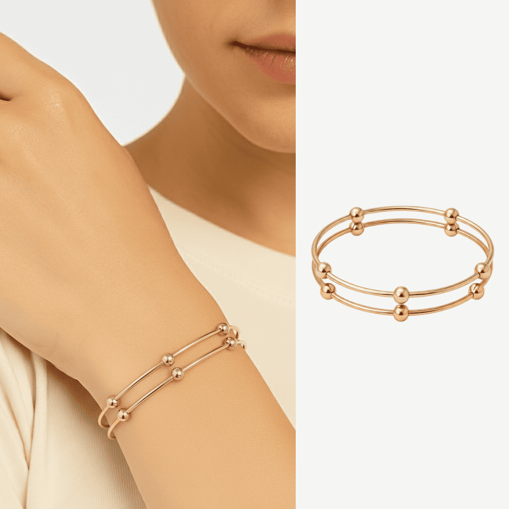 Kadın Çelik Bileklik - Beş Top Süslemeli Tasarım - İkili Model - Rose Renk - 1