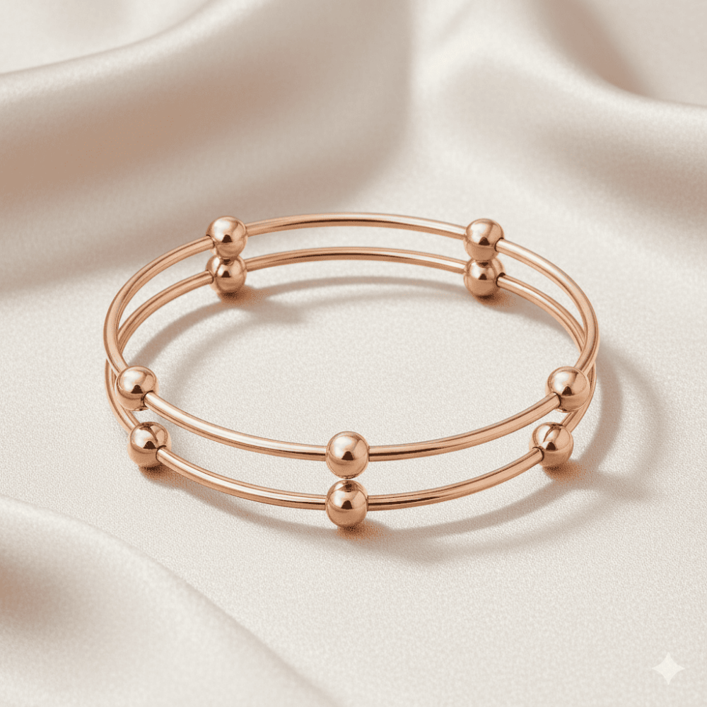 Kadın Çelik Bileklik - Beş Top Süslemeli Tasarım - İkili Model - Rose Renk - 3