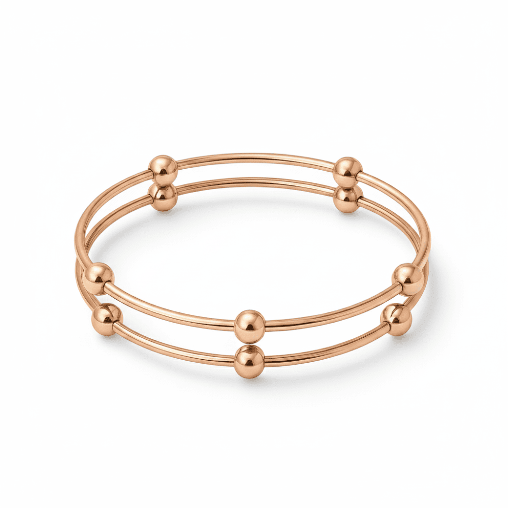 Kadın Çelik Bileklik - Beş Top Süslemeli Tasarım - İkili Model - Rose Renk - 4