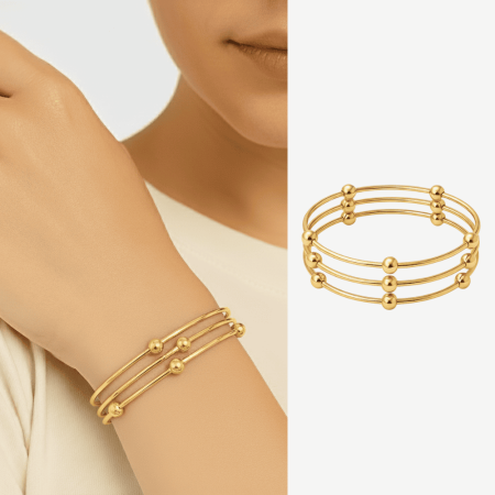 Kadın Çelik Bileklik - Beş Top Süslemeli Tasarım - 3 lü Model - Altın Renk - Tesbihane