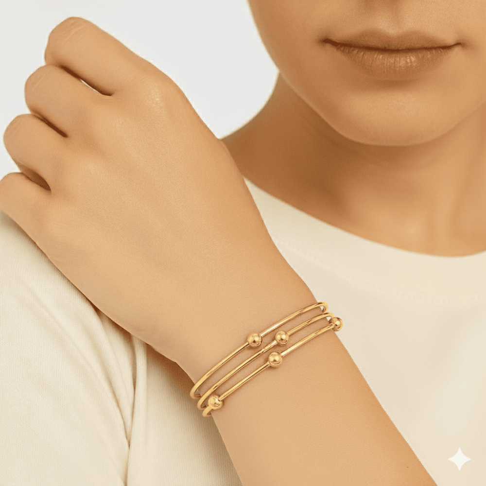 Kadın Çelik Bileklik - Beş Top Süslemeli Tasarım - 3 lü Model - Altın Renk - 2