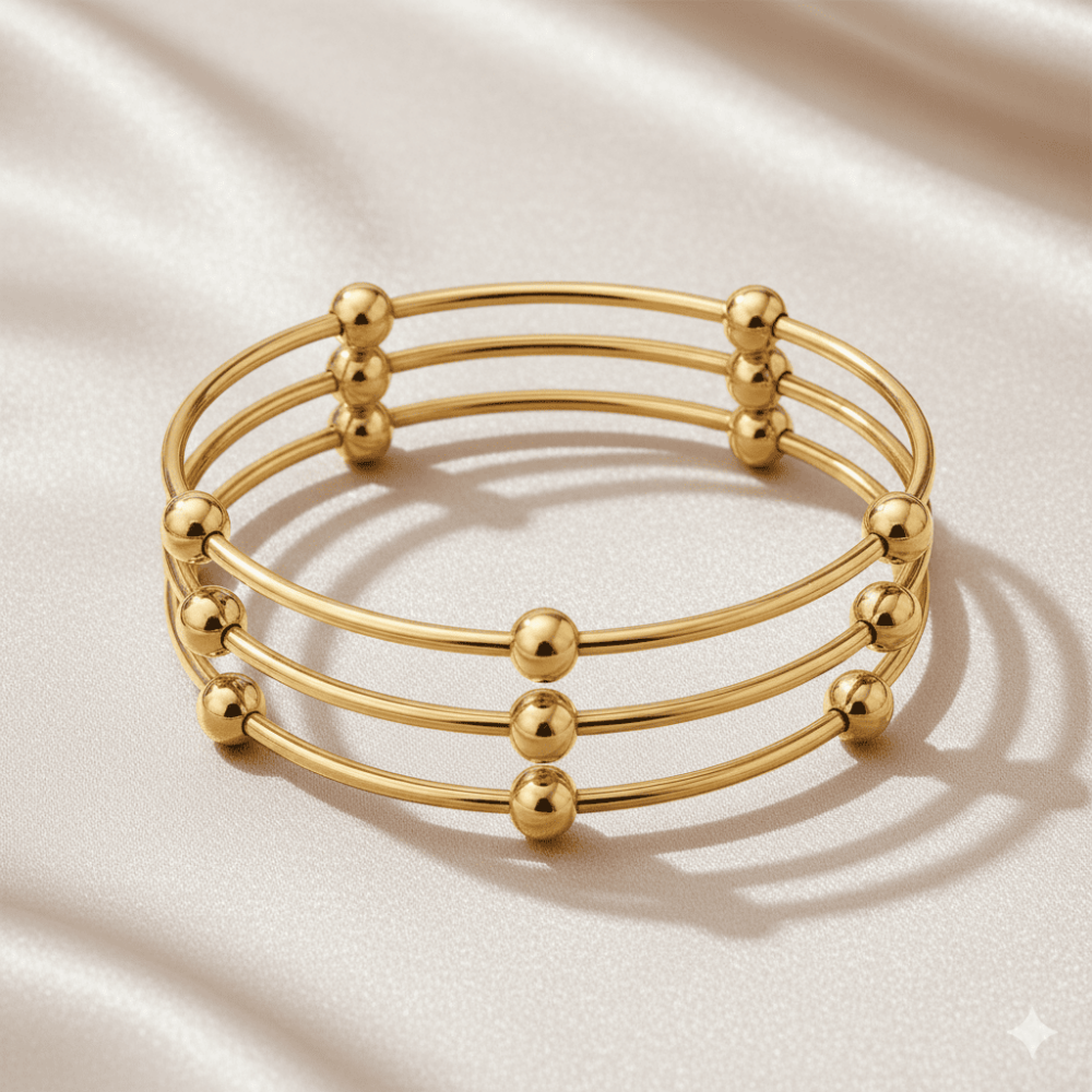 Kadın Çelik Bileklik - Beş Top Süslemeli Tasarım - 3 lü Model - Altın Renk - 3