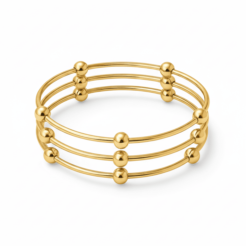 Kadın Çelik Bileklik - Beş Top Süslemeli Tasarım - 3 lü Model - Altın Renk - 4