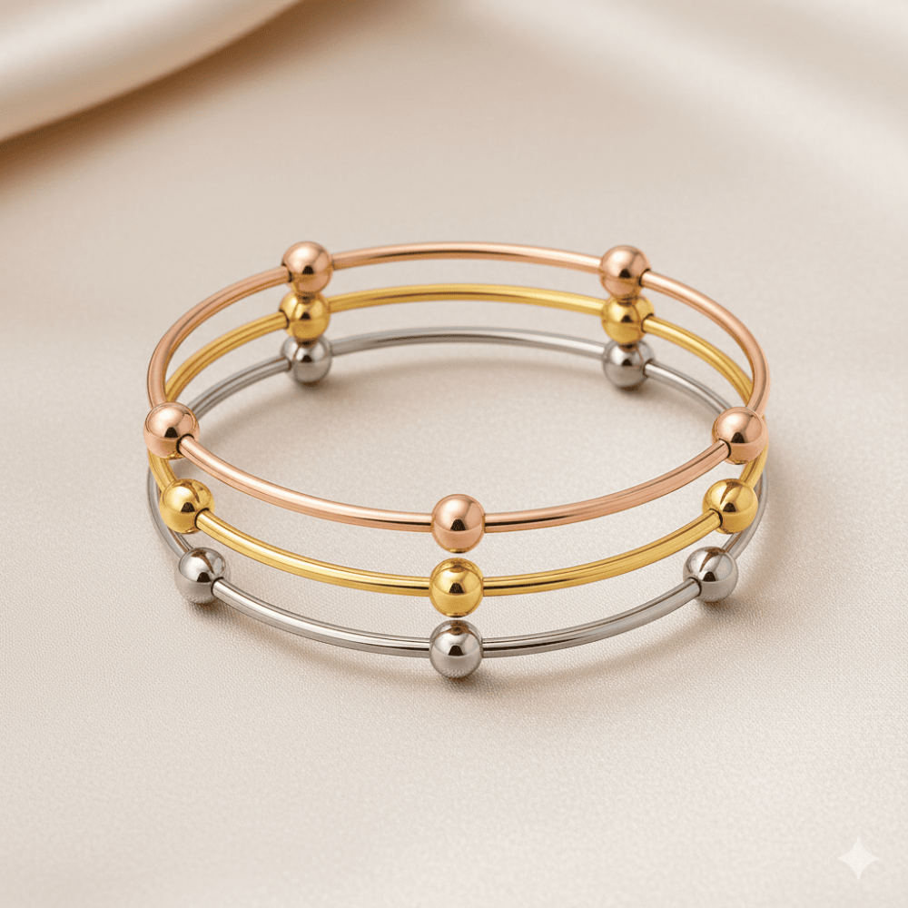 Kadın Çelik Bileklik - Beş Top Süslemeli Tasarım - 3 lü Model - Gümüş Altın Rose Renk - 3