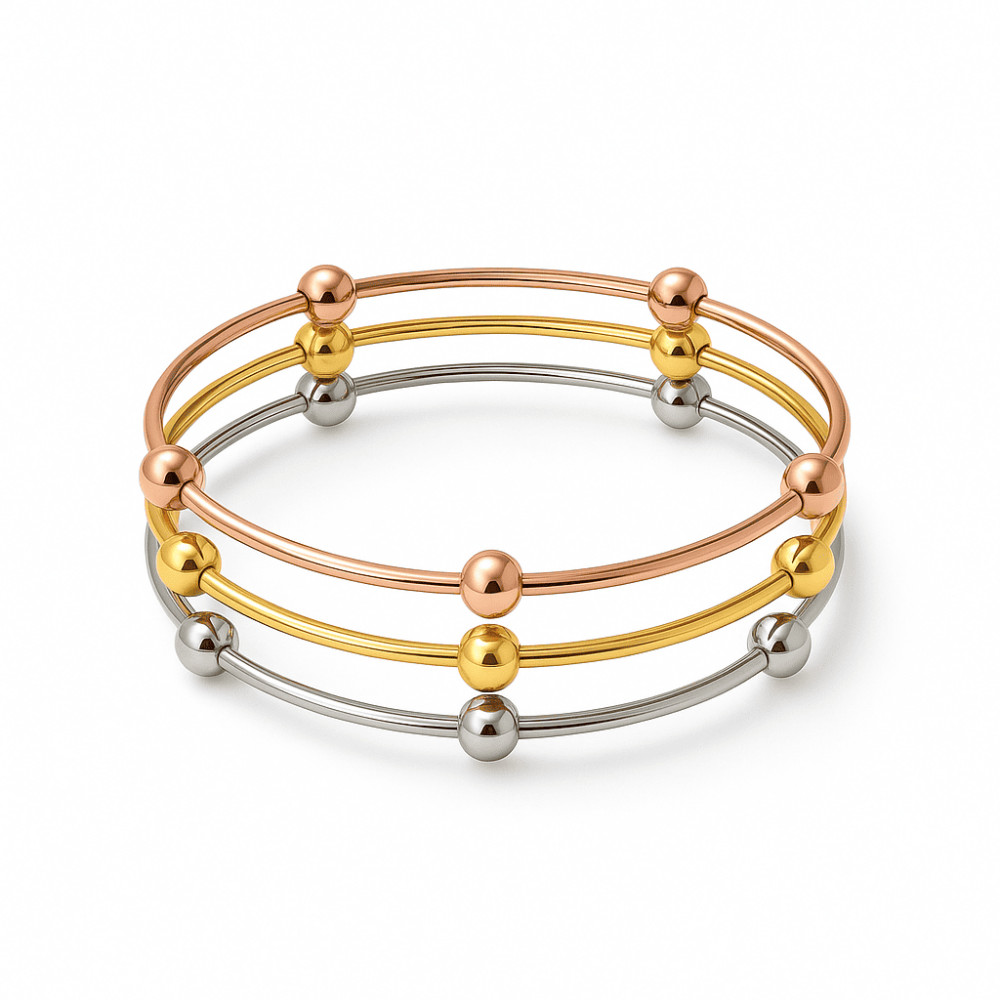 Kadın Çelik Bileklik - Beş Top Süslemeli Tasarım - 3 lü Model - Gümüş Altın Rose Renk - 4