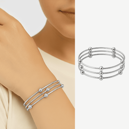 Kadın Çelik Bileklik - Beş Top Süslemeli Tasarım - 3 lü Model - Gümüş Renk - Tesbihane