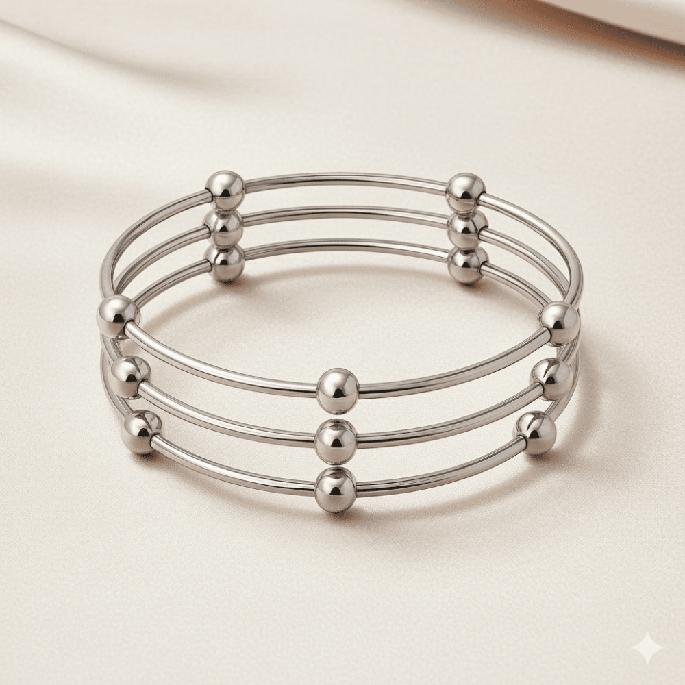 Kadın Çelik Bileklik - Beş Top Süslemeli Tasarım - 3 lü Model - Gümüş Renk - 3