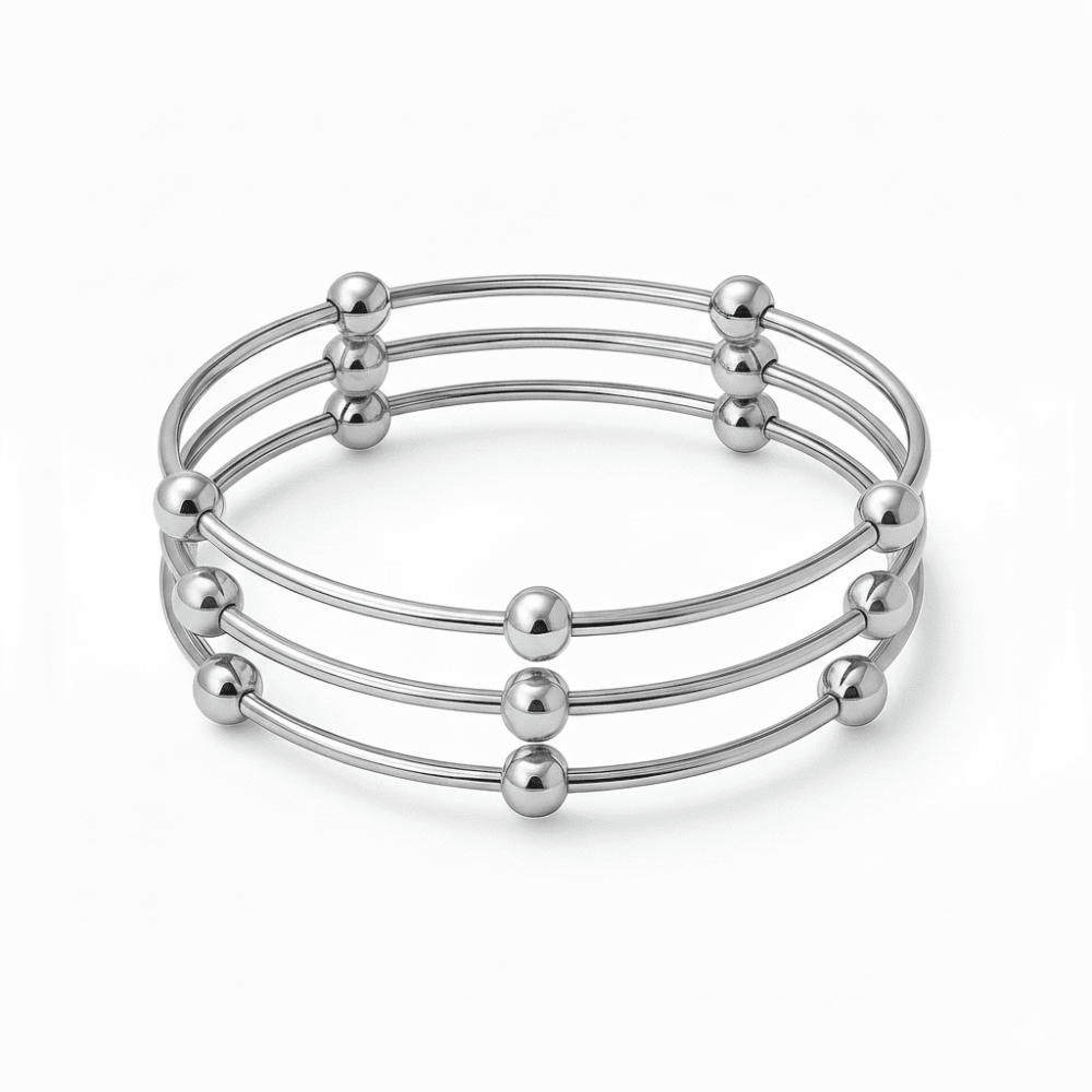 Kadın Çelik Bileklik - Beş Top Süslemeli Tasarım - 3 lü Model - Gümüş Renk - 4