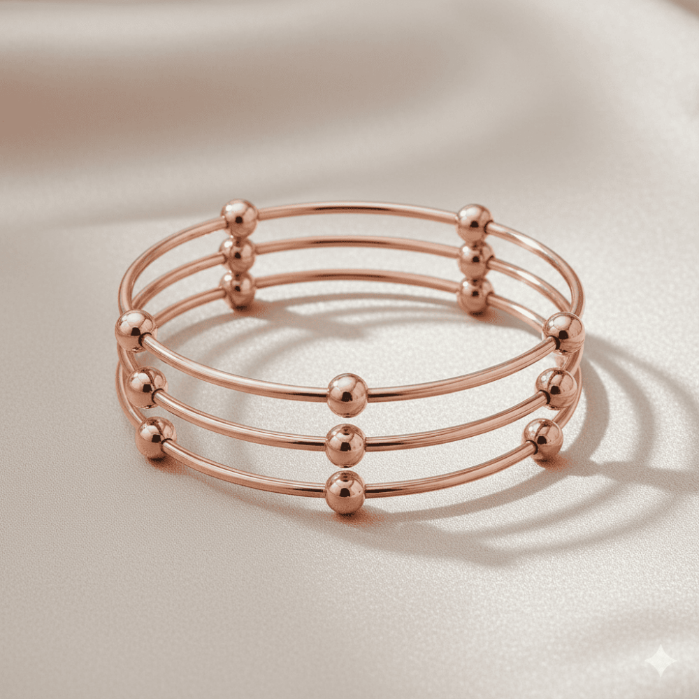Kadın Çelik Bileklik - Beş Top Süslemeli Tasarım - 3 lü Model - Rose Renk - 3