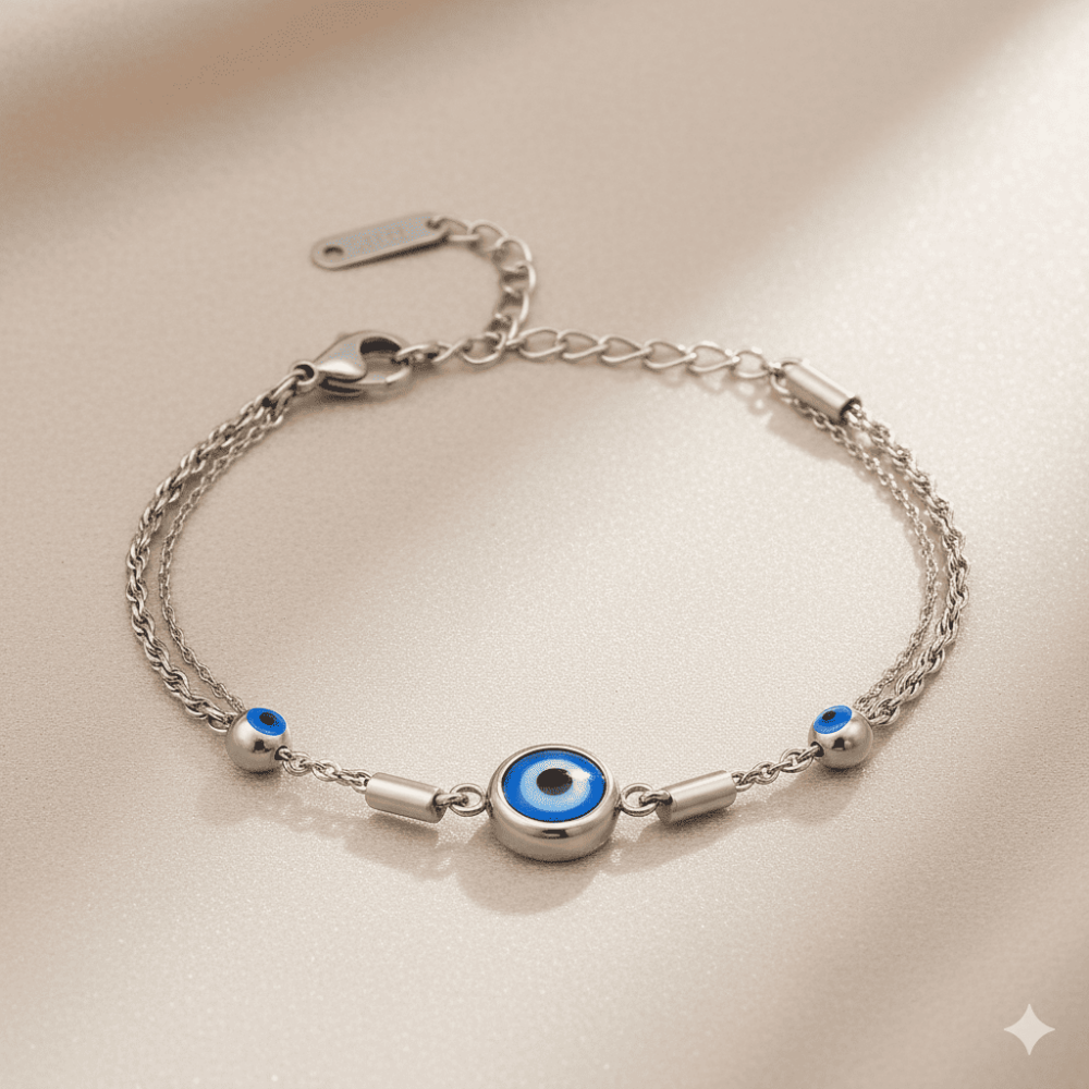 Kadın Çelik Bileklik - Forsa Burma Zincirli - Nazar Boncuğu Süslemeli - Gümüş Renk - 3
