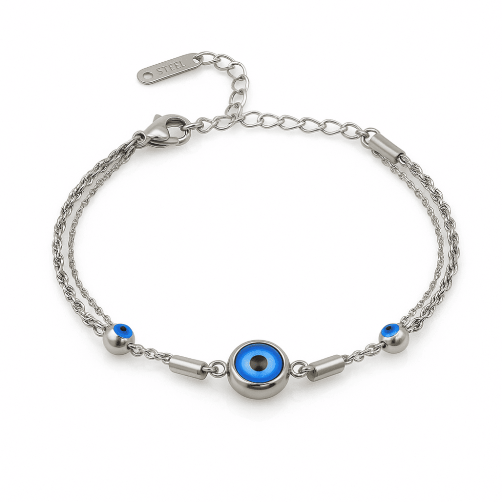 Kadın Çelik Bileklik - Forsa Burma Zincirli - Nazar Boncuğu Süslemeli - Gümüş Renk - 4