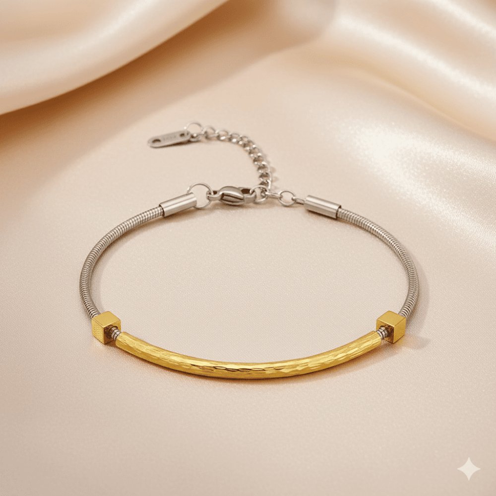 Kadın Çelik Bileklik - Gümüş Renk Snake Model - Altın Renk Taşlama Plakalı - 3