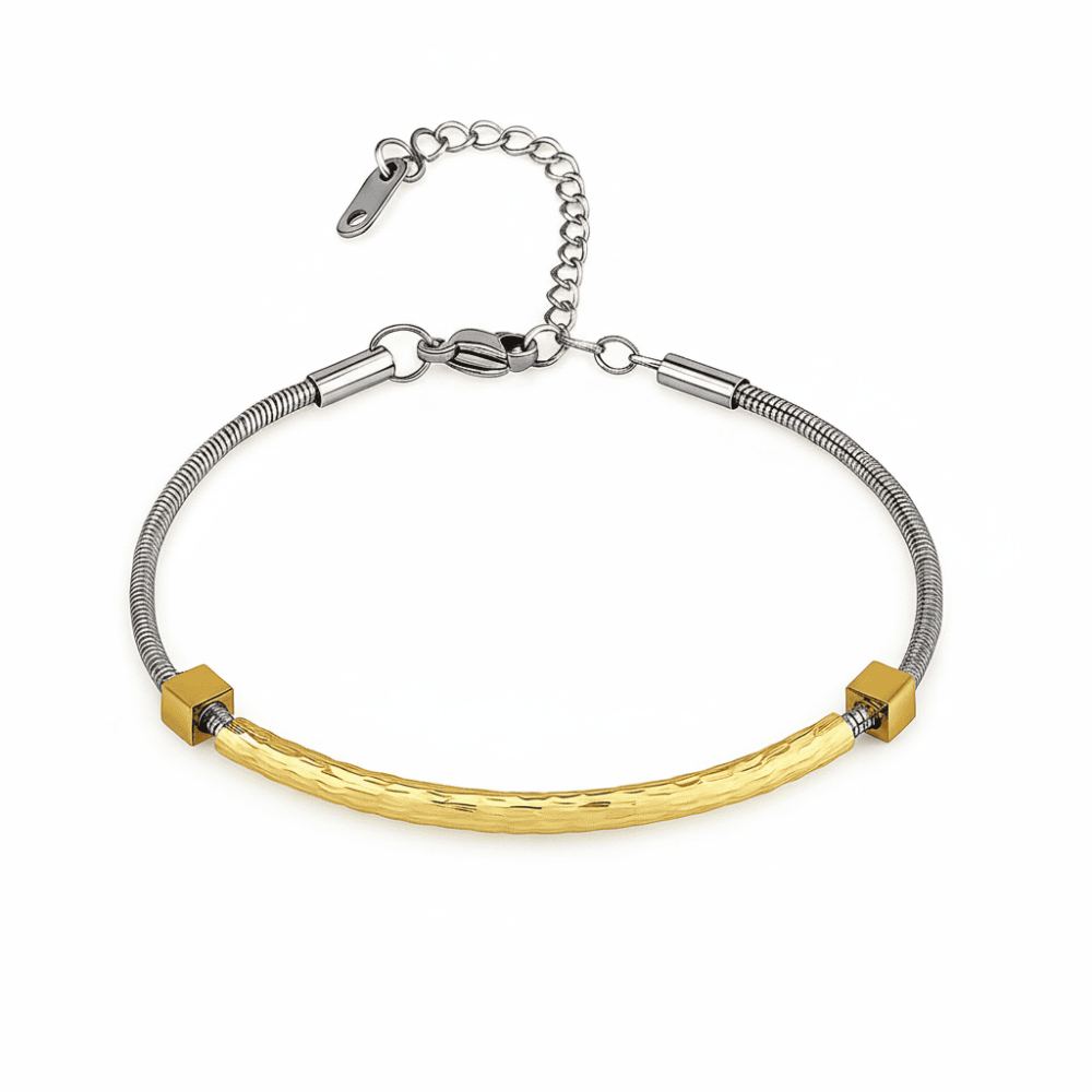 Kadın Çelik Bileklik - Gümüş Renk Snake Model - Altın Renk Taşlama Plakalı - 4