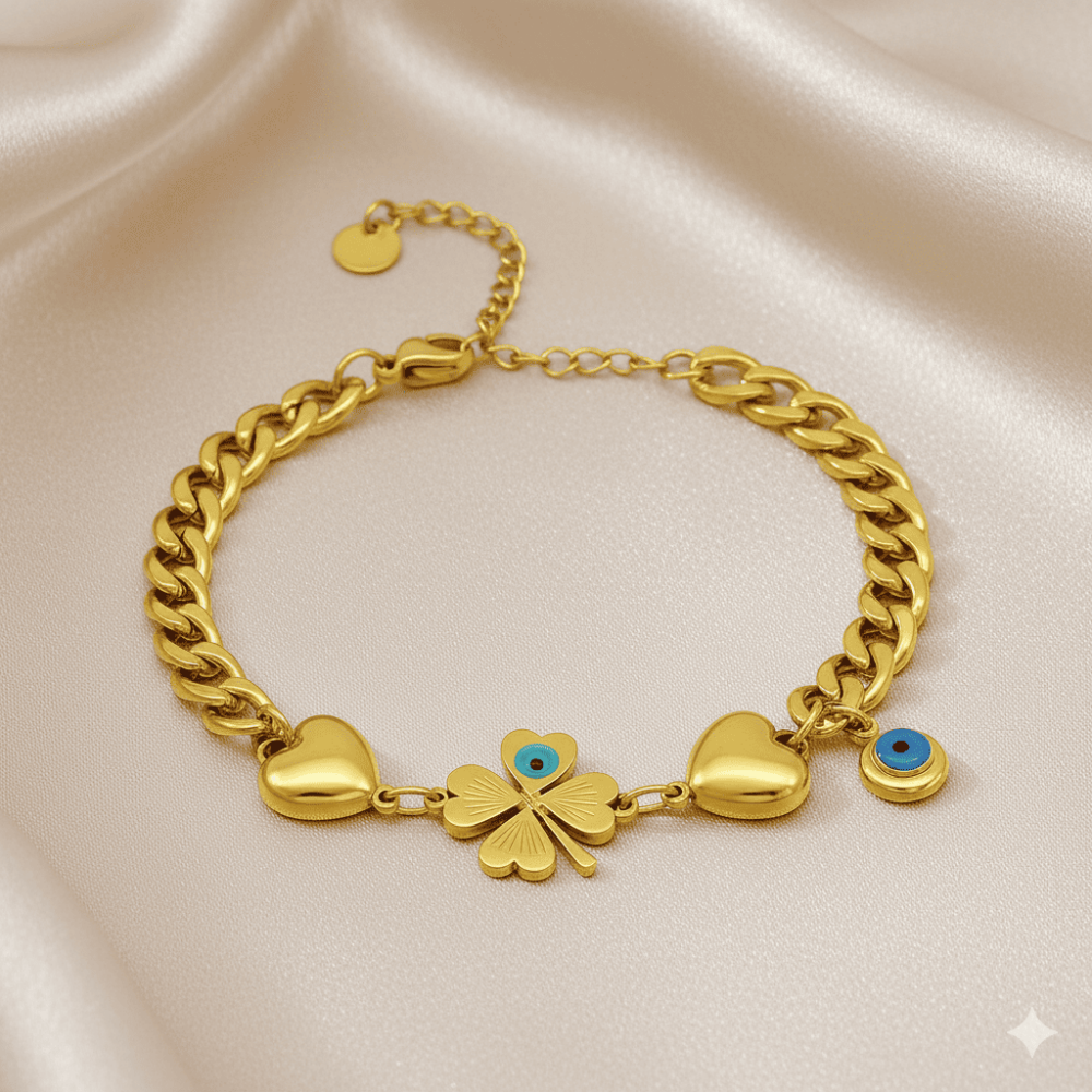 Kadın Çelik Bileklik - Gurmet Model - Yonca Yaprağı Detaylı - Kalp Süslemeli - Altın Renk - 3