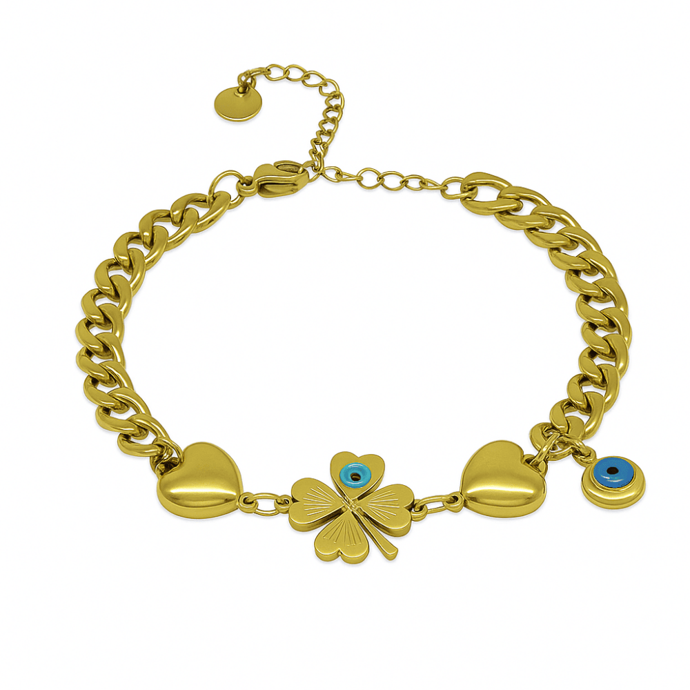 Kadın Çelik Bileklik - Gurmet Model - Yonca Yaprağı Detaylı - Kalp Süslemeli - Altın Renk - 4