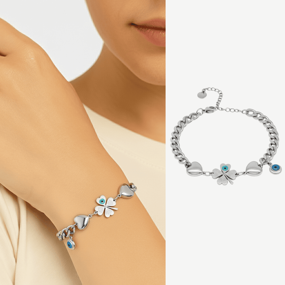 Kadın Çelik Bileklik - Gurmet Model - Yonca Yaprağı Detaylı - Kalp Süslemeli - Gümüş Renk - 1