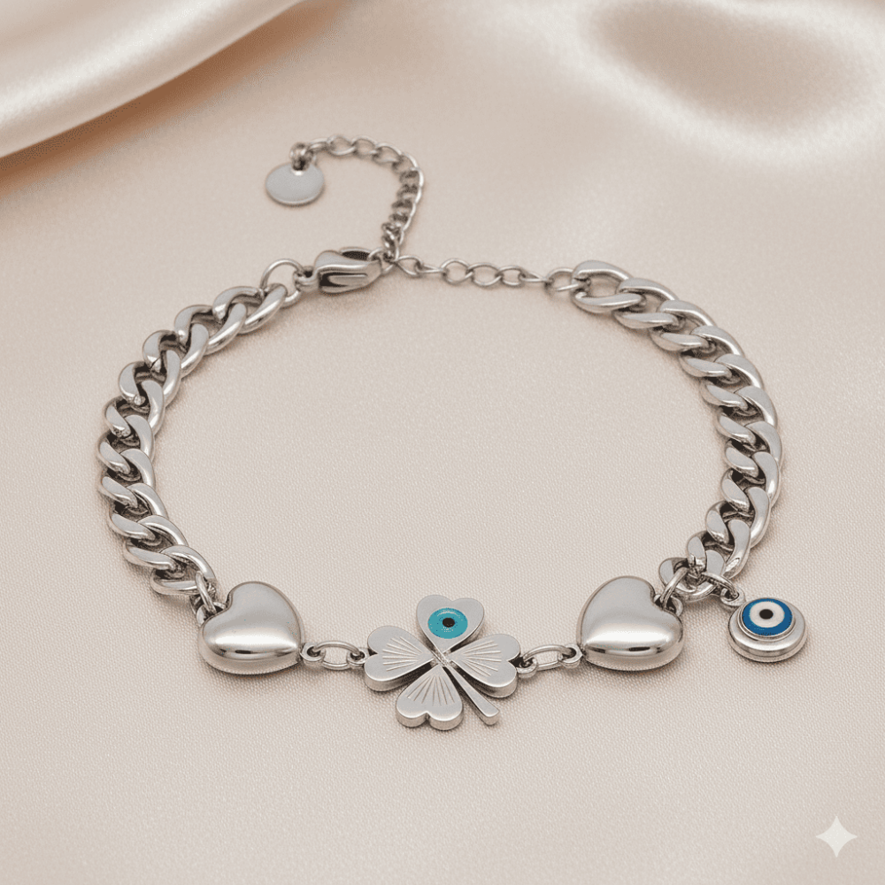 Kadın Çelik Bileklik - Gurmet Model - Yonca Yaprağı Detaylı - Kalp Süslemeli - Gümüş Renk - 3