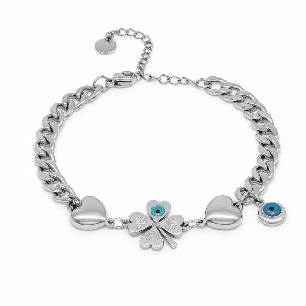 Kadın Çelik Bileklik - Gurmet Model - Yonca Yaprağı Detaylı - Kalp Süslemeli - Gümüş Renk - 4