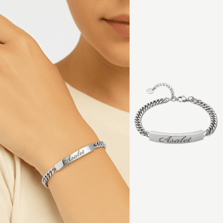 Kadın Çelik Bileklik - İsme Özel Yazılı - Gurmet Model - Gümüş Renk - Tesbihane