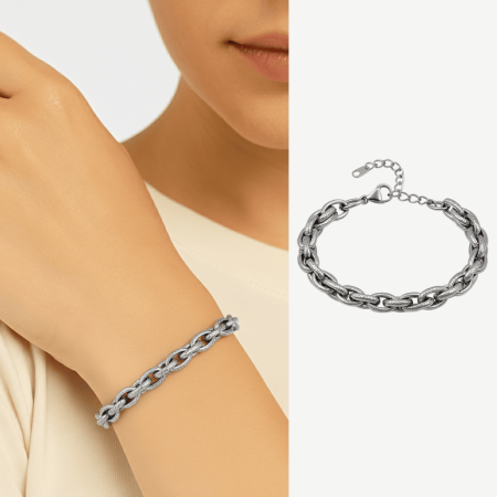 Kadın Çelik Bileklik - Kalın Burma Model - Gümüş Renk - Tesbihane