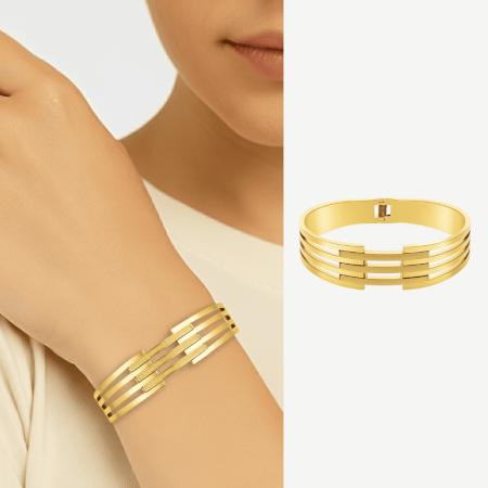 Kadın Çelik Bileklik - Kelepçe Tasarım - Beş Sıralı - Taşlama Süslemeli - Altın Renk - Tesbihane