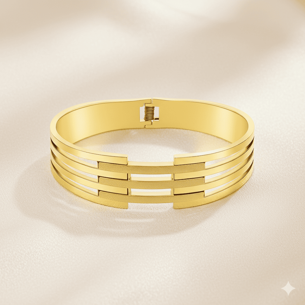 Kadın Çelik Bileklik - Kelepçe Tasarım - Beş Sıralı - Taşlama Süslemeli - Altın Renk - 3