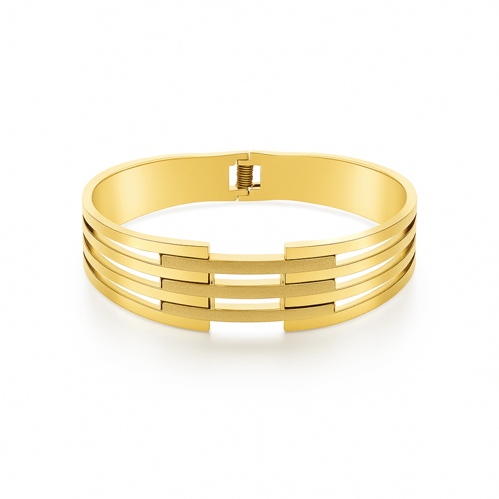 Kadın Çelik Bileklik - Kelepçe Tasarım - Beş Sıralı - Taşlama Süslemeli - Altın Renk - 4