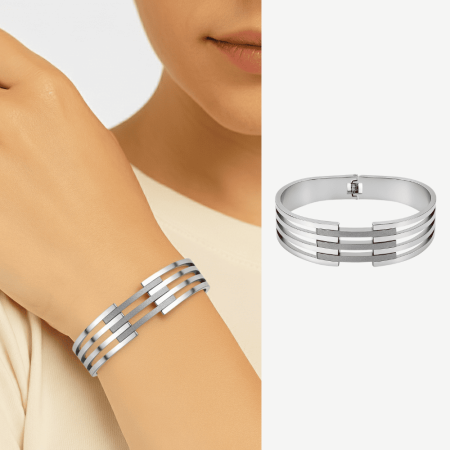 Kadın Çelik Bileklik - Kelepçe Tasarım - Beş Sıralı - Taşlama Süslemeli - Gümüş Renk - Tesbihane