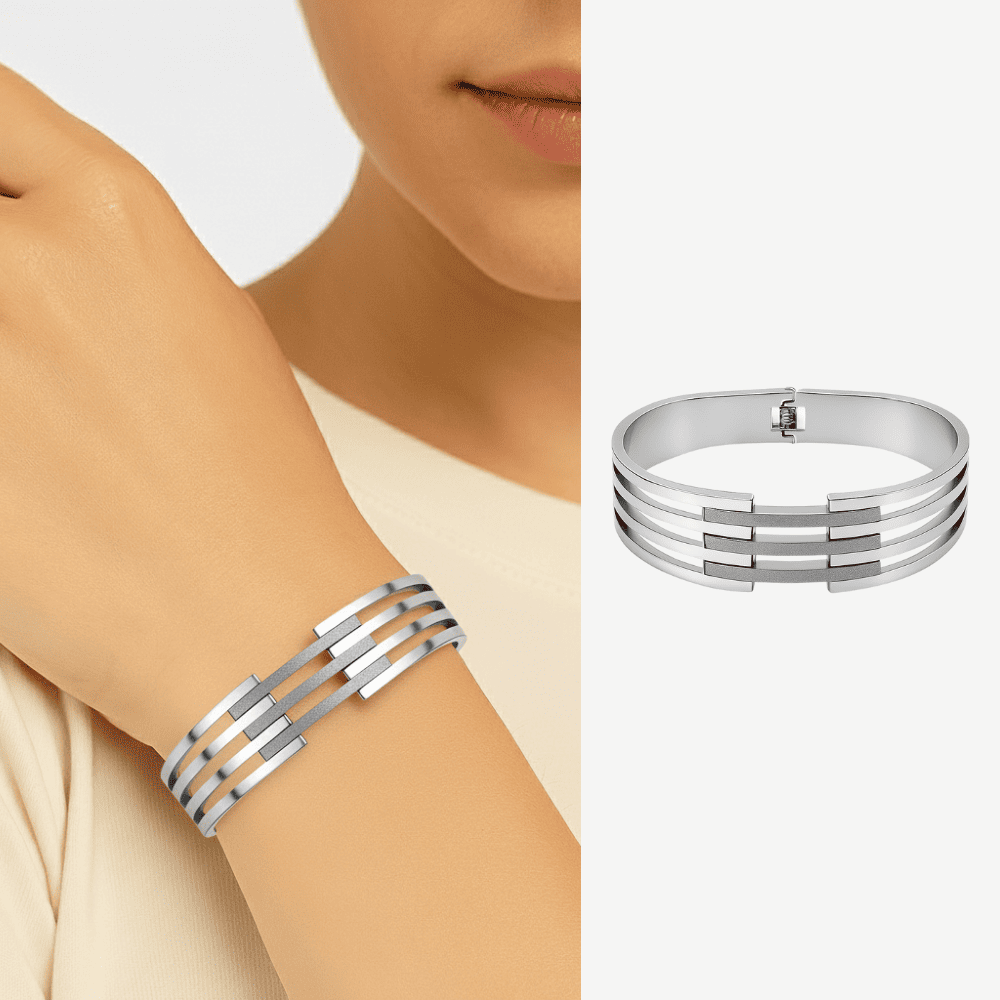 Kadın Çelik Bileklik - Kelepçe Tasarım - Beş Sıralı - Taşlama Süslemeli - Gümüş Renk - 1