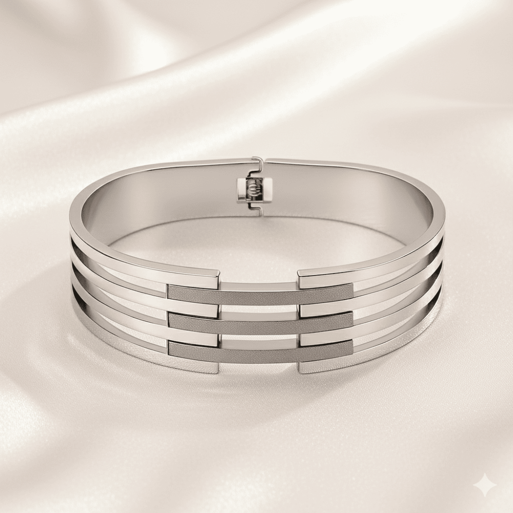 Kadın Çelik Bileklik - Kelepçe Tasarım - Beş Sıralı - Taşlama Süslemeli - Gümüş Renk - 3