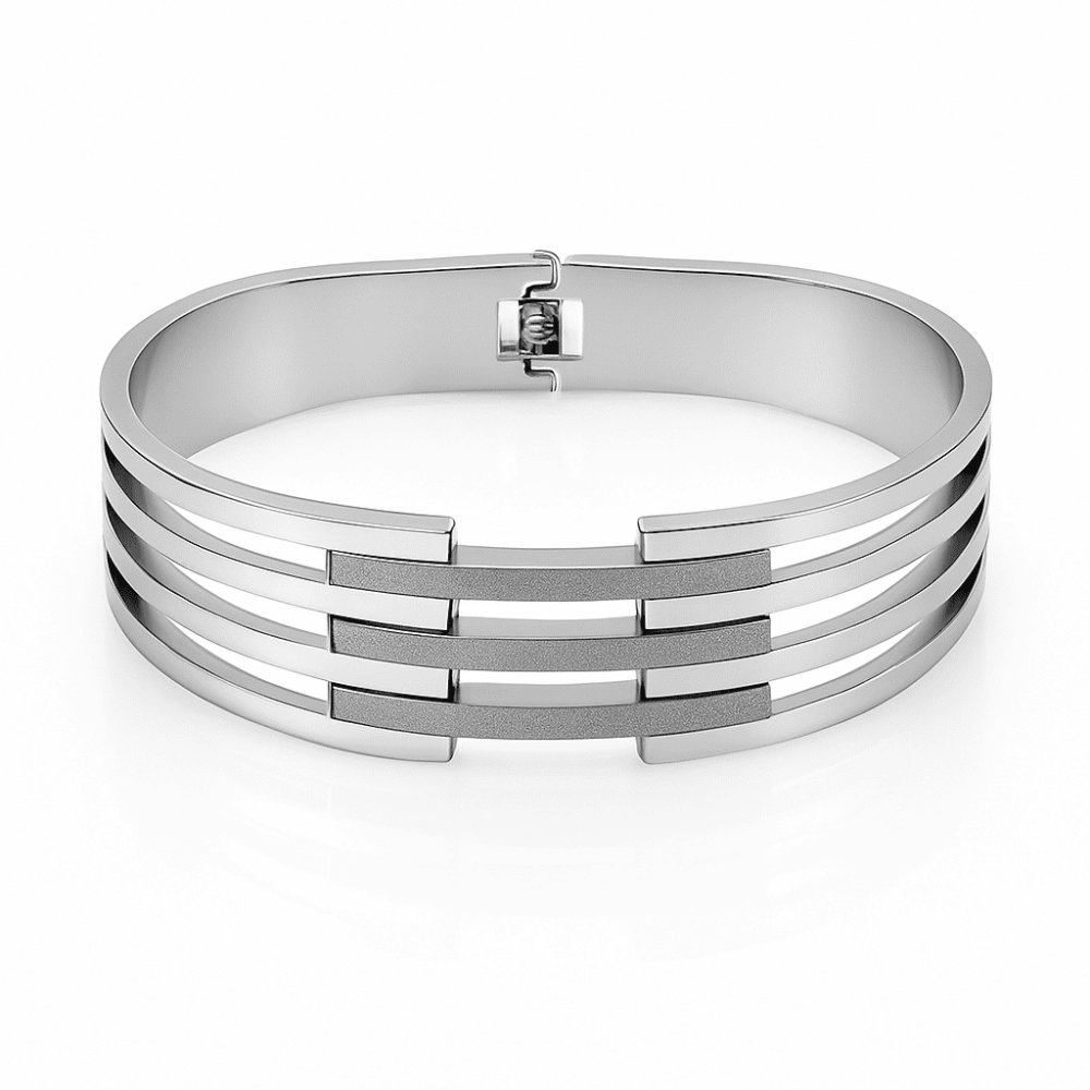 Kadın Çelik Bileklik - Kelepçe Tasarım - Beş Sıralı - Taşlama Süslemeli - Gümüş Renk - 4