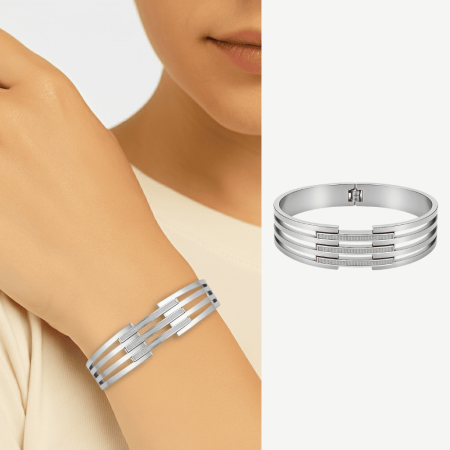 Kadın Çelik Bileklik - Kelepçe Tasarım - Dört Sıralı - Dar Model - Gümüş Renk - Tesbihane